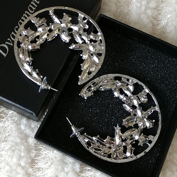 NEW Earrings Half Moon Hoop Cluster Stunning Faux Diamonds Pierced Crystals 2" - Picture 4 of 6